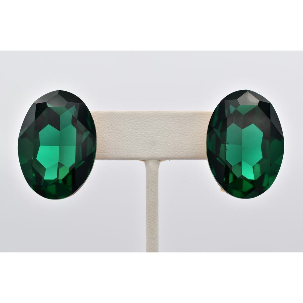Vintage Emerald Green Glass Crystal Clip On Earrings Oval Faceted Chunky BinAF